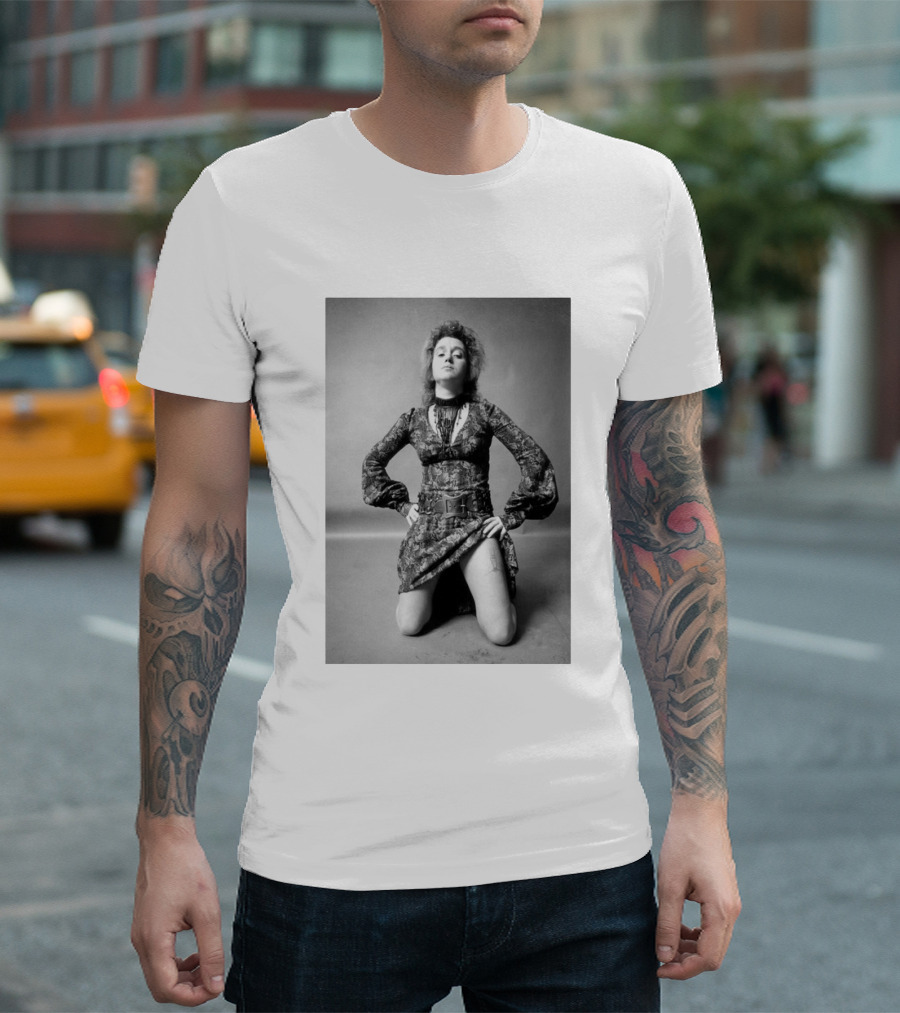 Valie Export Iconic Performance Tribute Kneeling Image With Patterned Dress And Belt T-Shirt