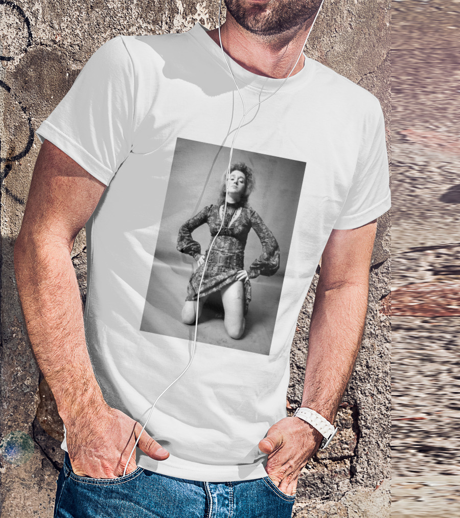 Valie Export Iconic Performance Tribute Kneeling Image With Patterned Dress And Belt T-Shirt
