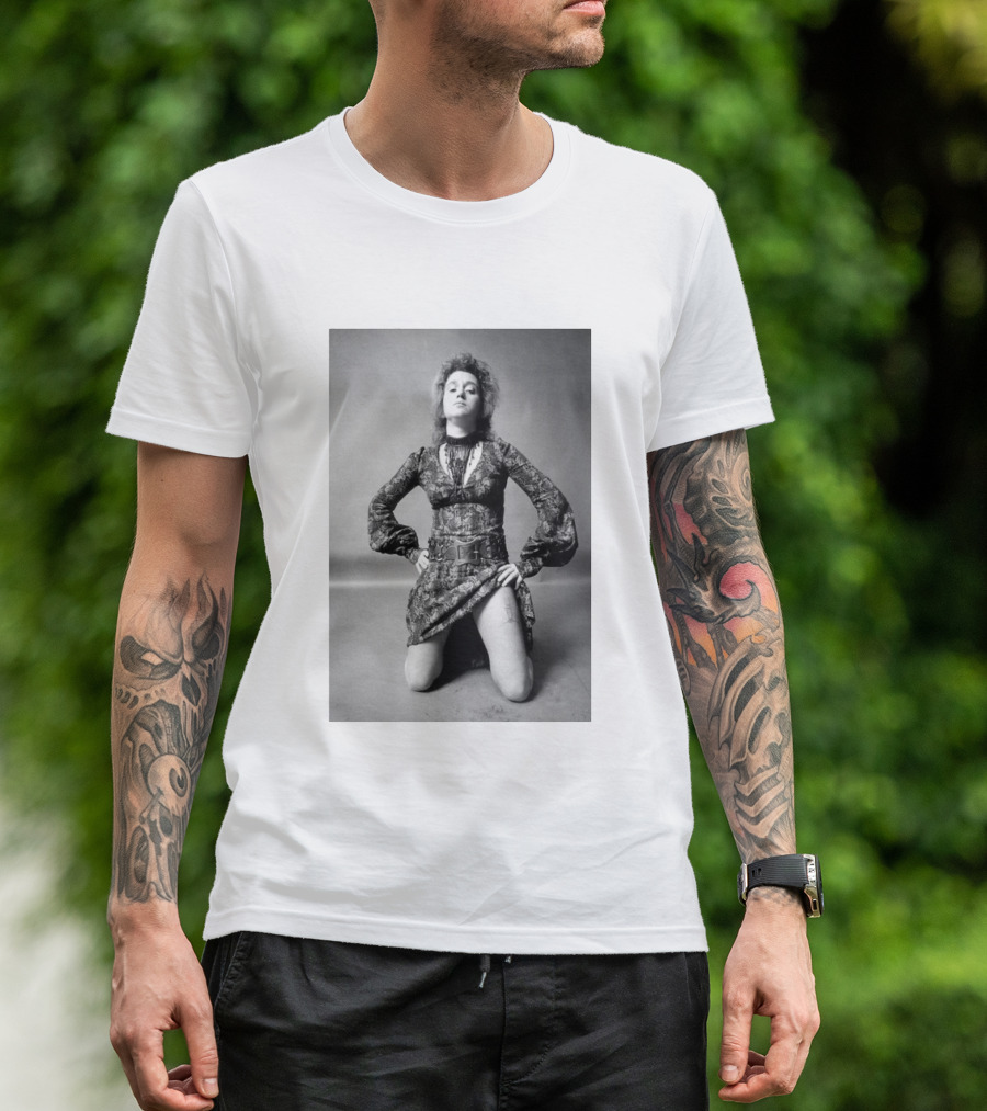 Valie Export Iconic Performance Tribute Kneeling Image With Patterned Dress And Belt T-Shirt