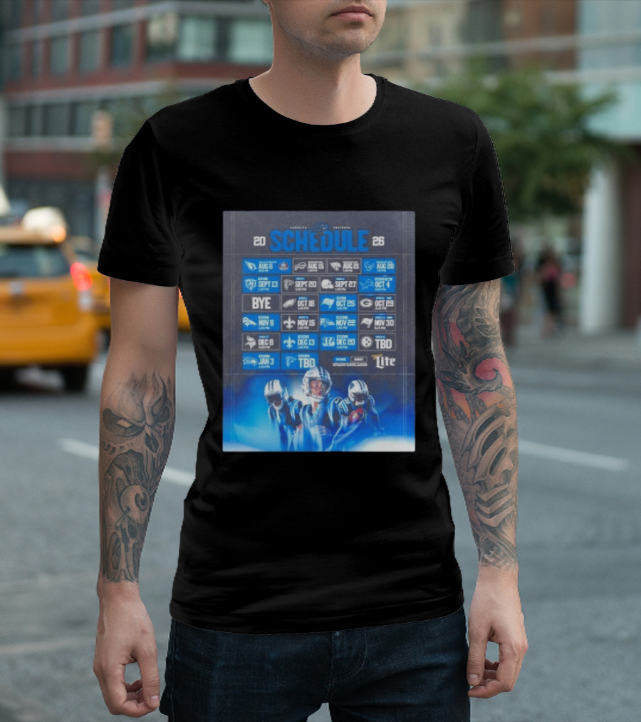 Carolina Panthers 2026 Game Schedule With Player Imagery And Opponent Logos T-Shirt