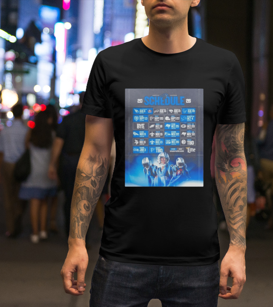 Carolina Panthers 2026 Game Schedule With Player Imagery And Opponent Logos T-Shirt