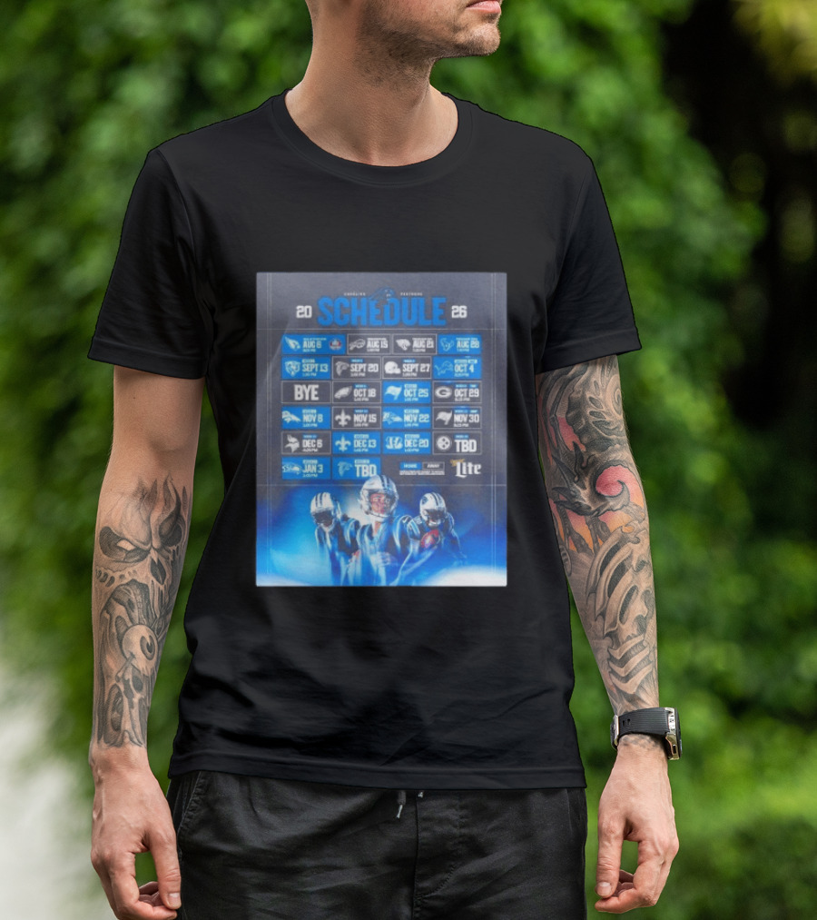 Carolina Panthers 2026 Game Schedule With Player Imagery And Opponent Logos T-Shirt