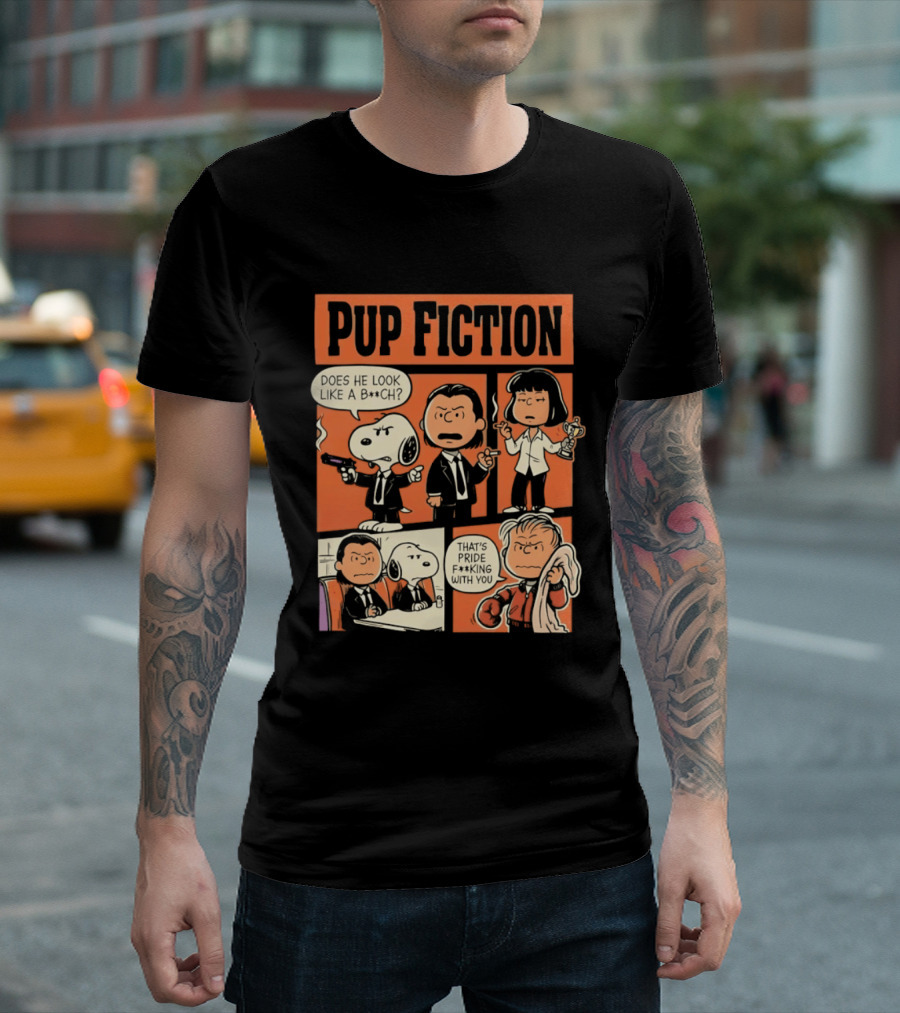 Pup Fiction Peanuts And Pulp Fiction Characters Mashup T-Shirt