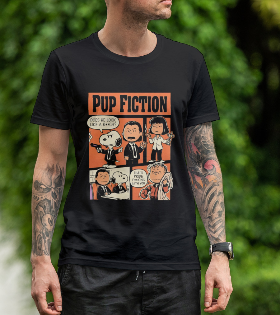 Pup Fiction Peanuts And Pulp Fiction Characters Mashup T-Shirt