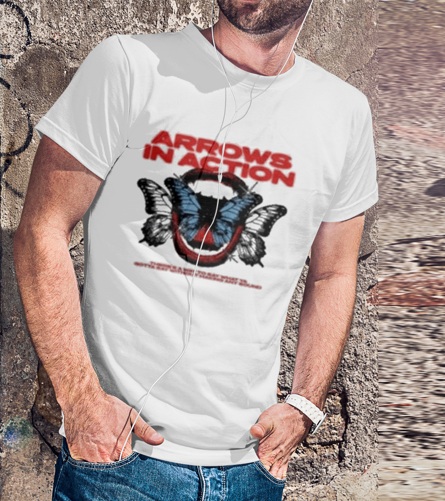 Arrows In Action Red Text Blue Butterfly T-Shirt