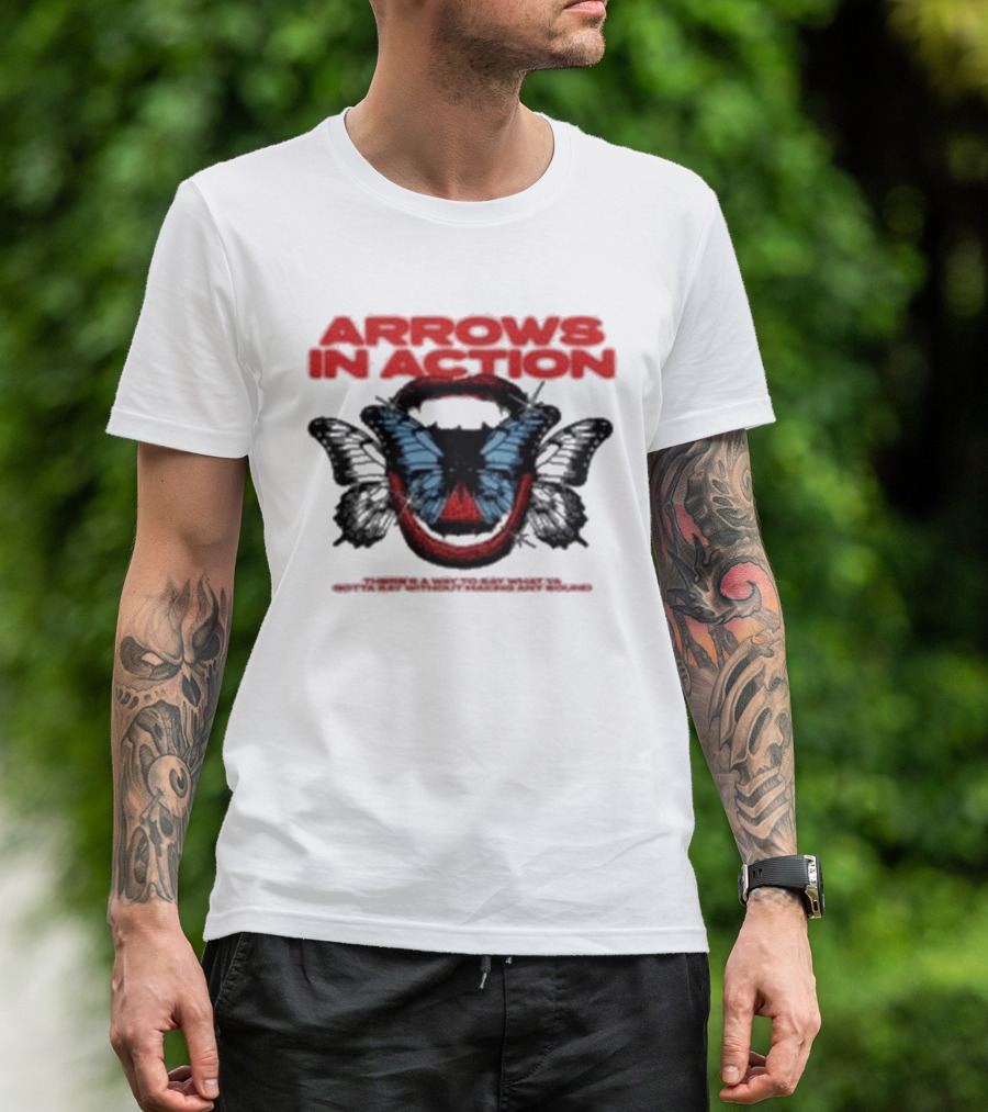 Arrows In Action Red Text Blue Butterfly T-Shirt