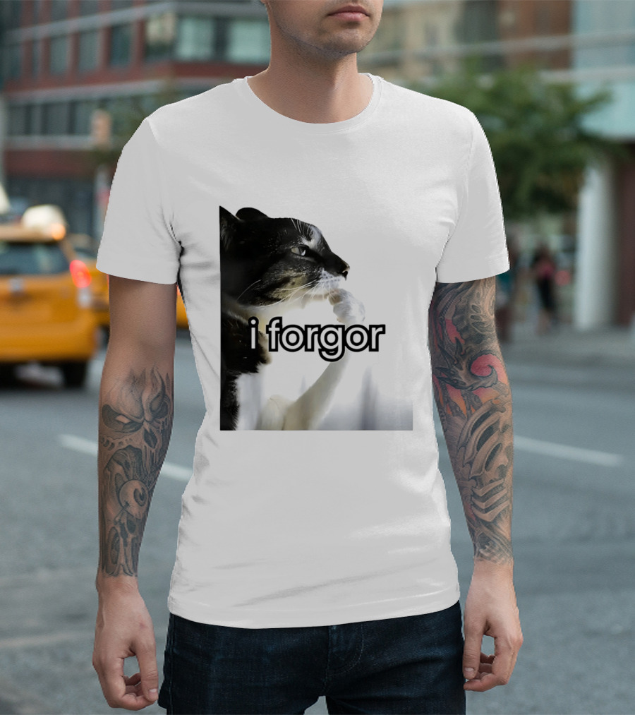 Cat I Forgor Meme Digital Image Paw Licking Pensive Moment T-Shirt