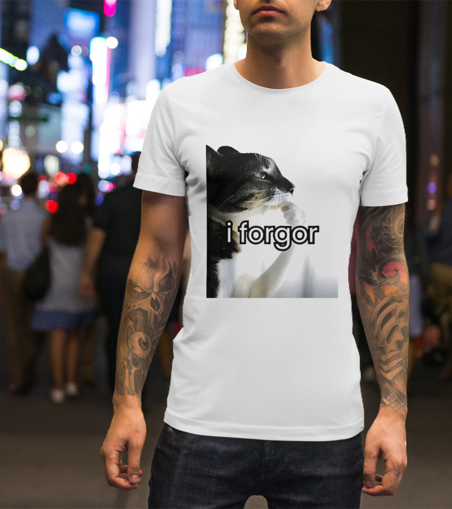 Cat I Forgor Meme Digital Image Paw Licking Pensive Moment T-Shirt