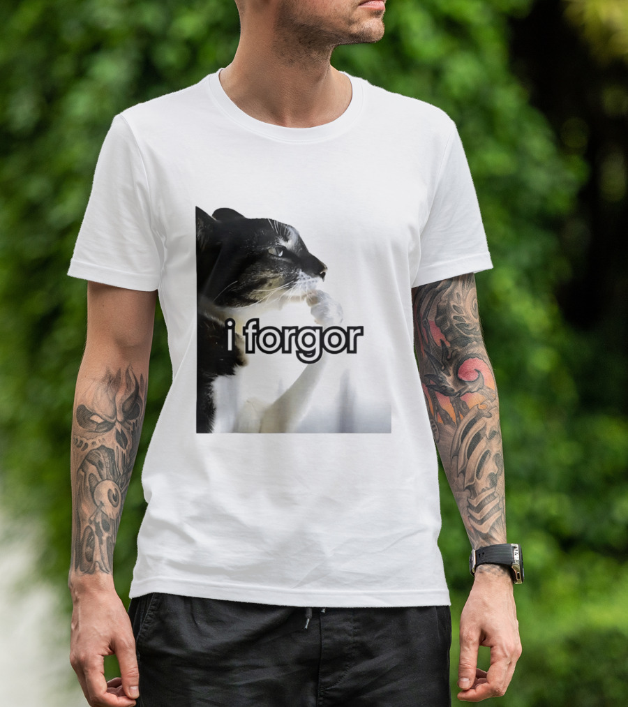 Cat I Forgor Meme Digital Image Paw Licking Pensive Moment T-Shirt