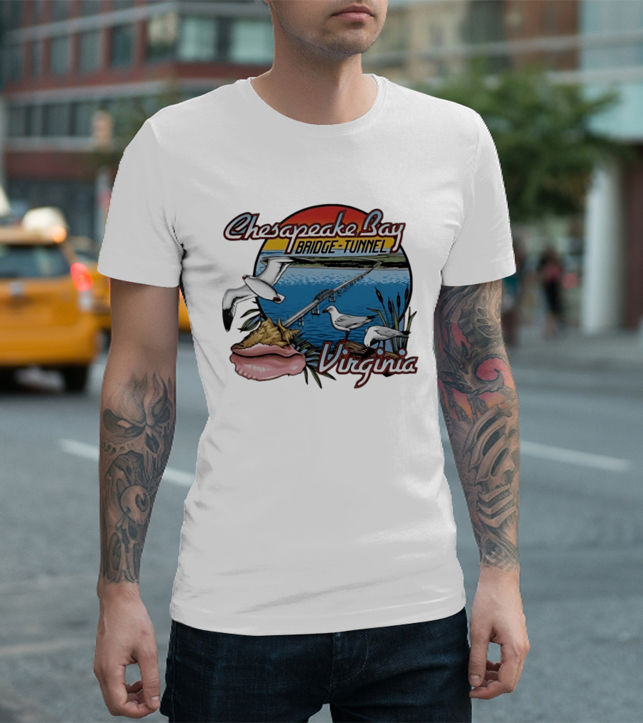 Chesapeake Bay Bridge Tunnel Virginia Seagulls Sunset Scene T-Shirt
