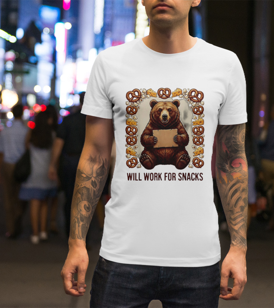 Bear Holding Cardboard Surrounded By Pretzels Cheese Popcorn Will Work For Snacks T-Shirt