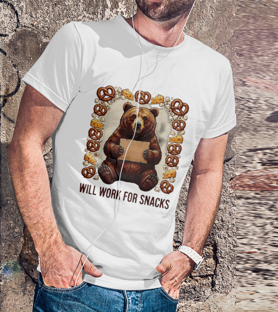 Bear Holding Cardboard Surrounded By Pretzels Cheese Popcorn Will Work For Snacks T-Shirt