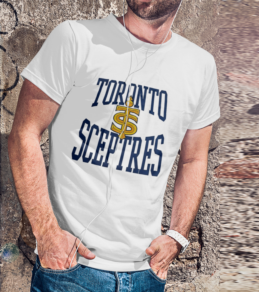 Toronto Sceptres Sports Team Logo Icon With Gold Emblem And Blue T-Shirt