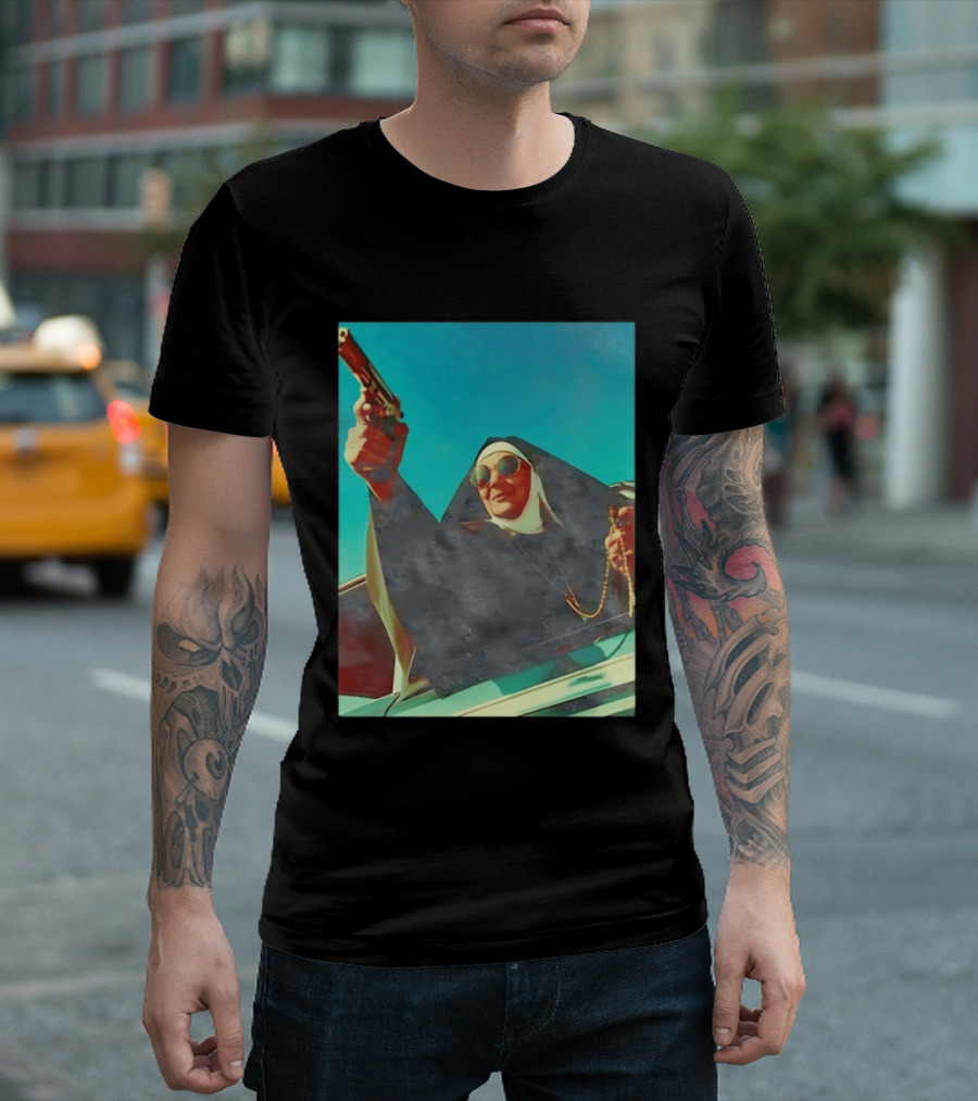 Nun In Black Habit Leaning Out Lowrider With Gun And Rosary T-Shirt