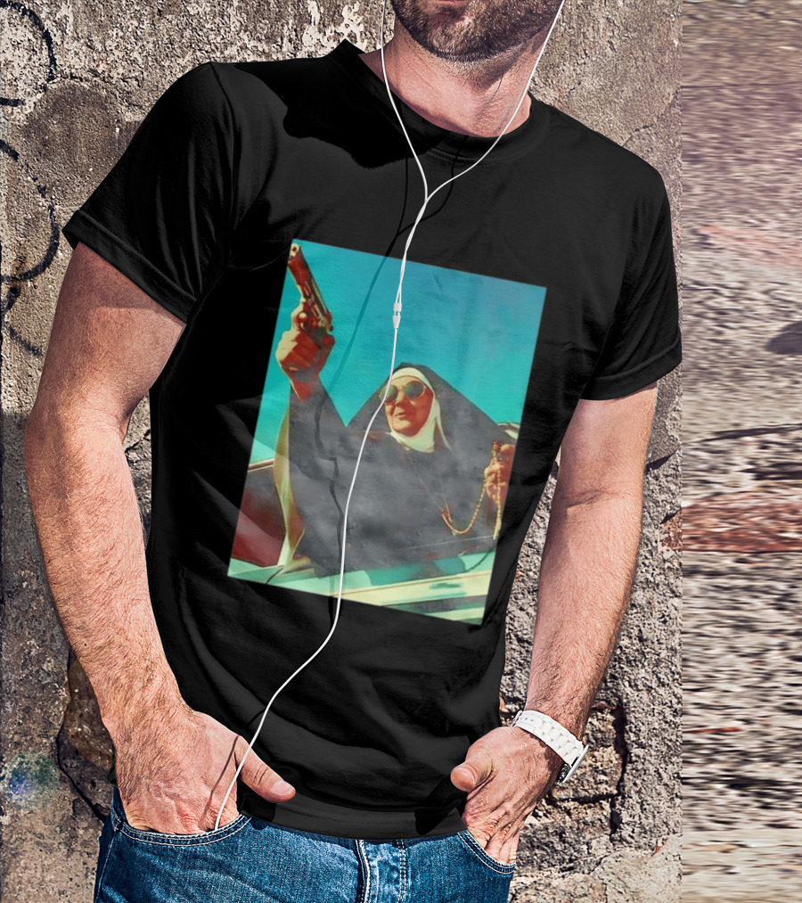 Nun In Black Habit Leaning Out Lowrider With Gun And Rosary T-Shirt