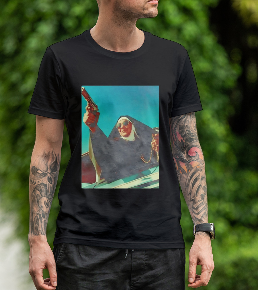 Nun In Black Habit Leaning Out Lowrider With Gun And Rosary T-Shirt