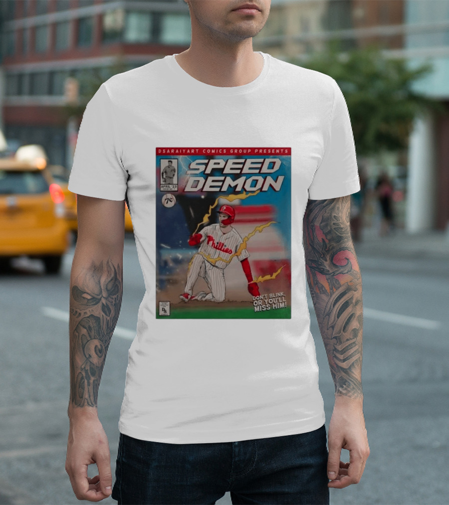 DSaraiyart Speed Demon Phillies April 23 Comics Group Don't Blink Trea Turner T-Shirt