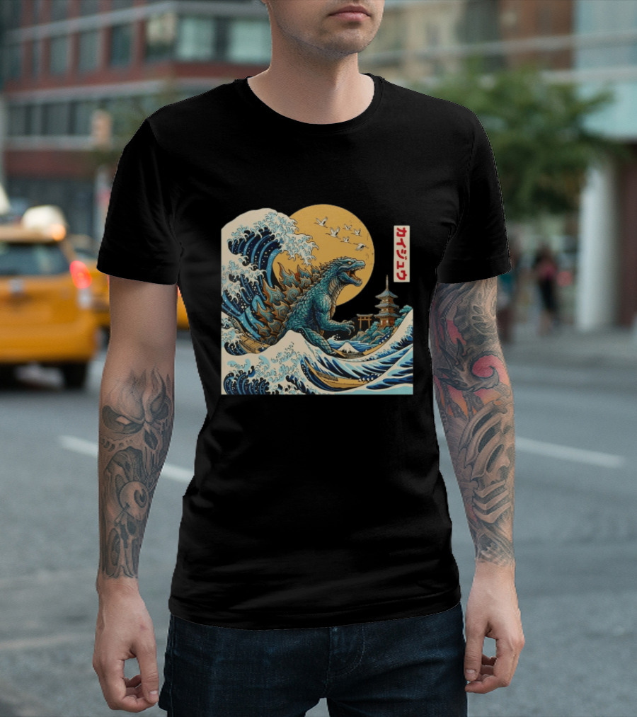Kaiju Wave Monster Japanese Kawaki Kanji Pagoda Ukiyo E T-Shirt