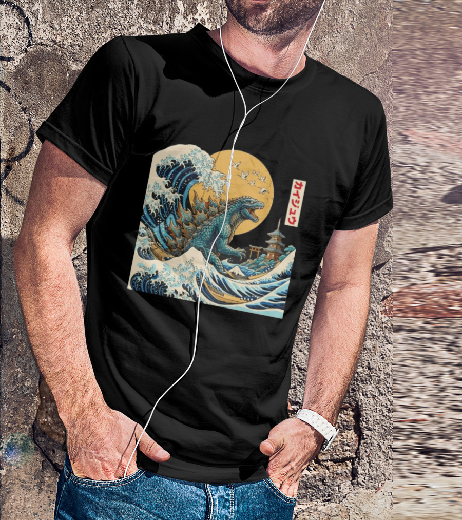Kaiju Wave Monster Japanese Kawaki Kanji Pagoda Ukiyo E T-Shirt