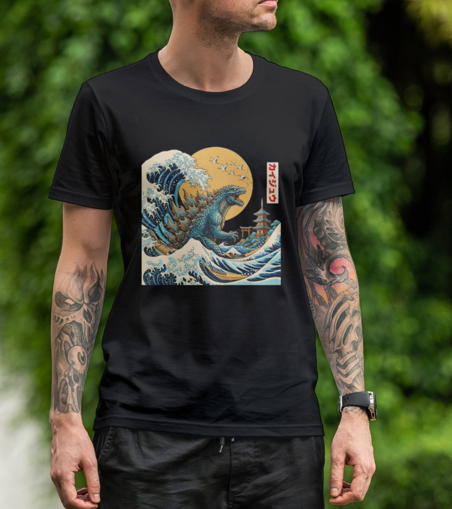 Kaiju Wave Monster Japanese Kawaki Kanji Pagoda Ukiyo E T-Shirt