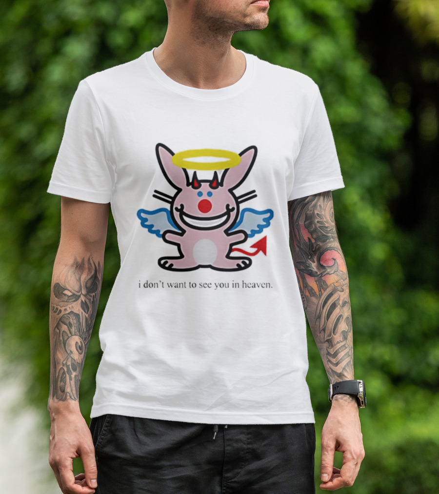 Angel Devil Rabbit I Don't Want To See You In Heaven Halo Wings Horns Red Tail T-Shirt