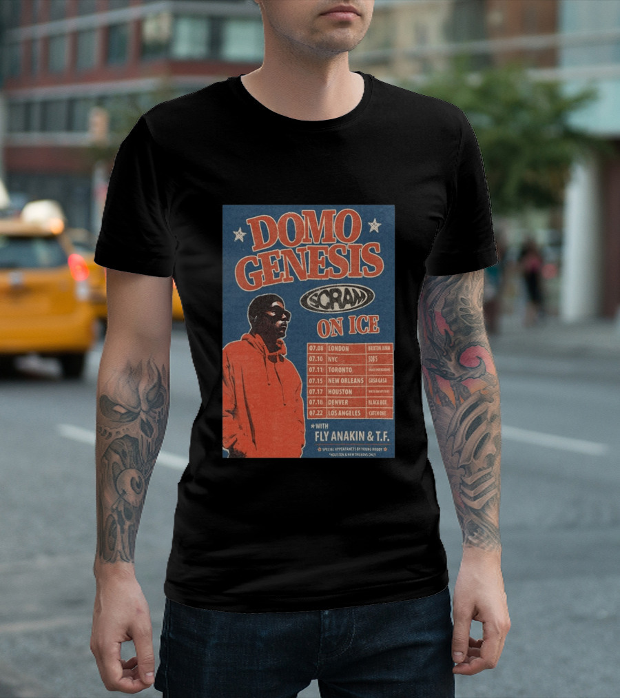 Domo Genesis Scram On Ice World Tour 2026 With Fly Anakin And T.F. London NYC Toronto New Orleans Houston Denver Los Angeles T-Shirt