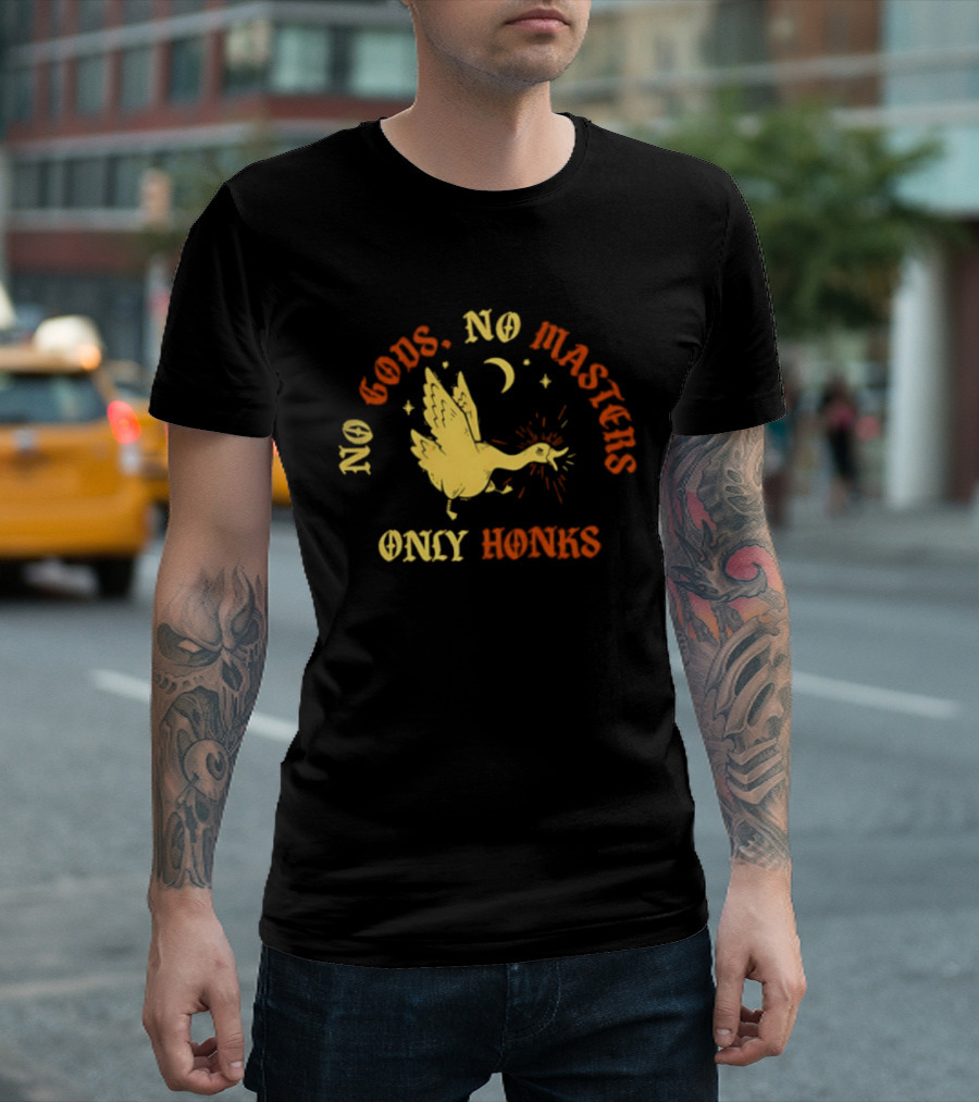 No Gods No Masters Goose Only Honks Crescent Moon And Stars T-Shirt