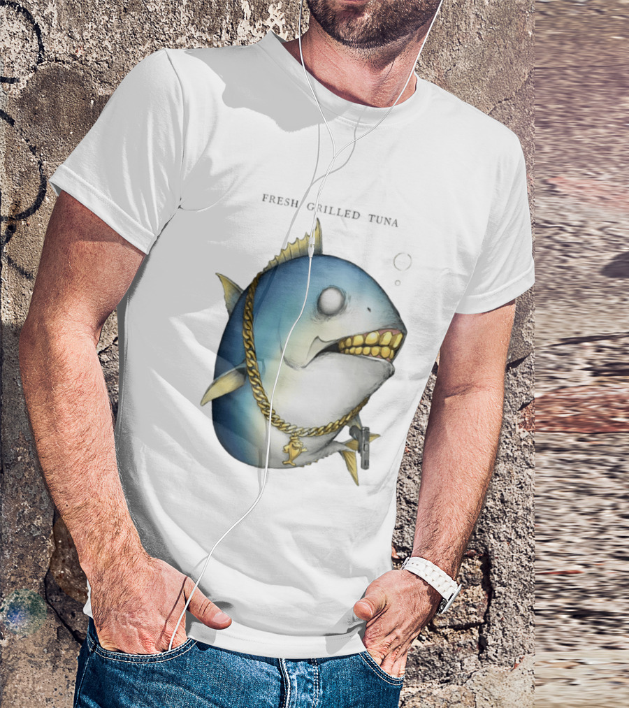 Fish Gun Fresh Grilled Tuna Gangster Chain Gold Teeth T-Shirt