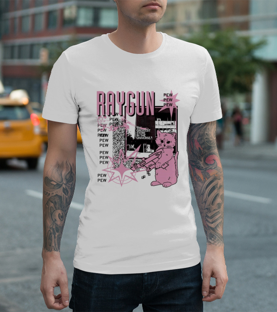 RAYGUN Cat Pew Pew Sci Fi Retro Feline Blaster Adventure T-Shirt