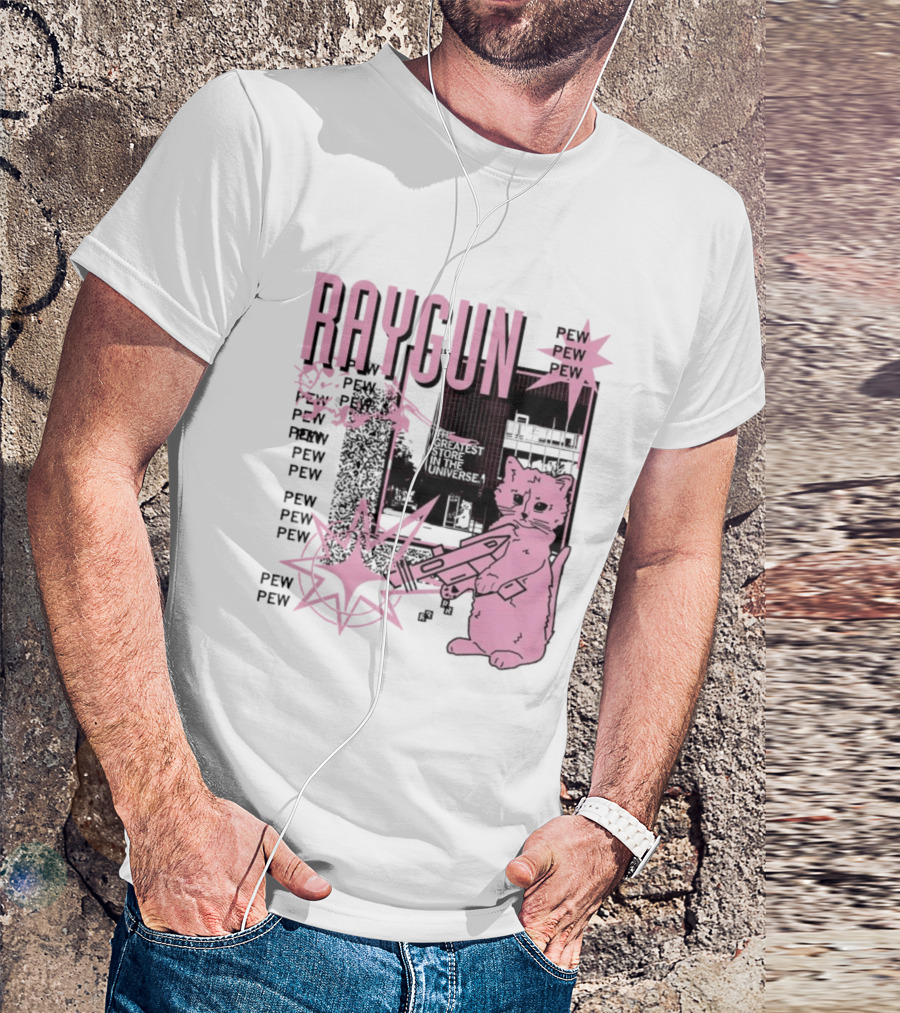 RAYGUN Cat Pew Pew Sci Fi Retro Feline Blaster Adventure T-Shirt