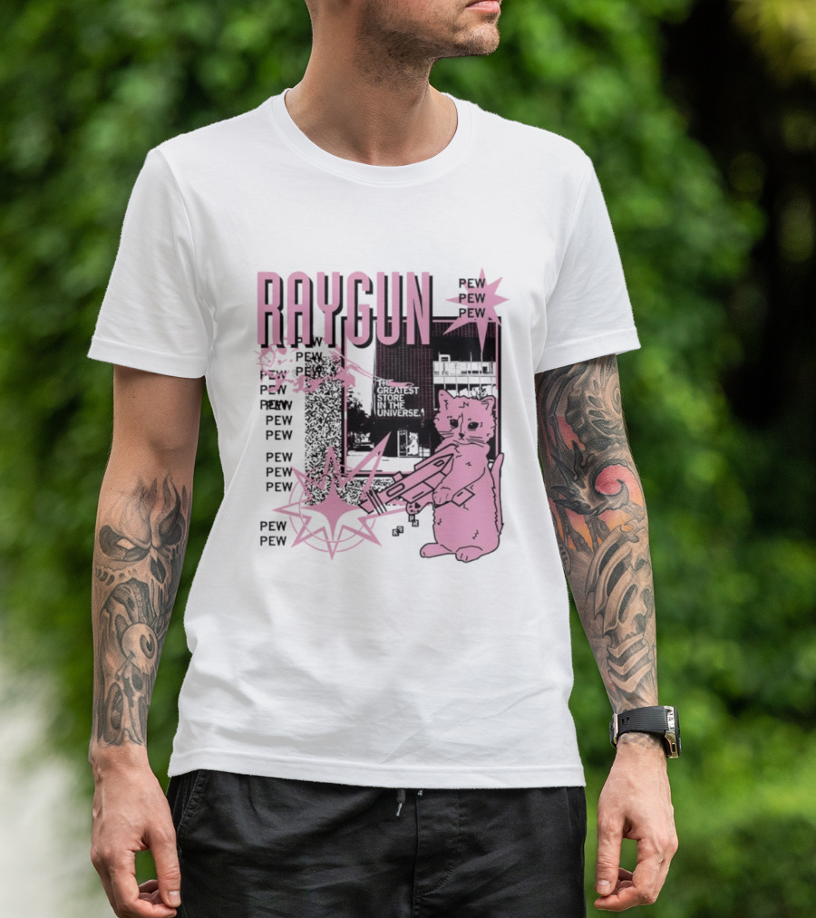 RAYGUN Cat Pew Pew Sci Fi Retro Feline Blaster Adventure T-Shirt