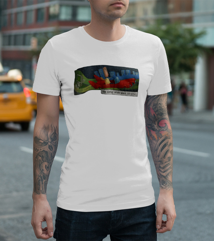 The World Wide Wait Is Over Red Car Cityscape Adventure T-Shirt