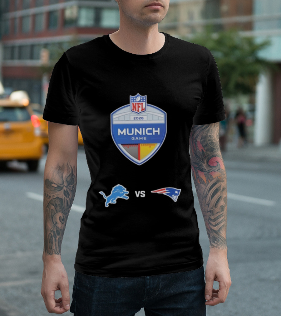 Detroit Lions Vs New England Patriots NFL 2026 Munich Game Matchup T-Shirt