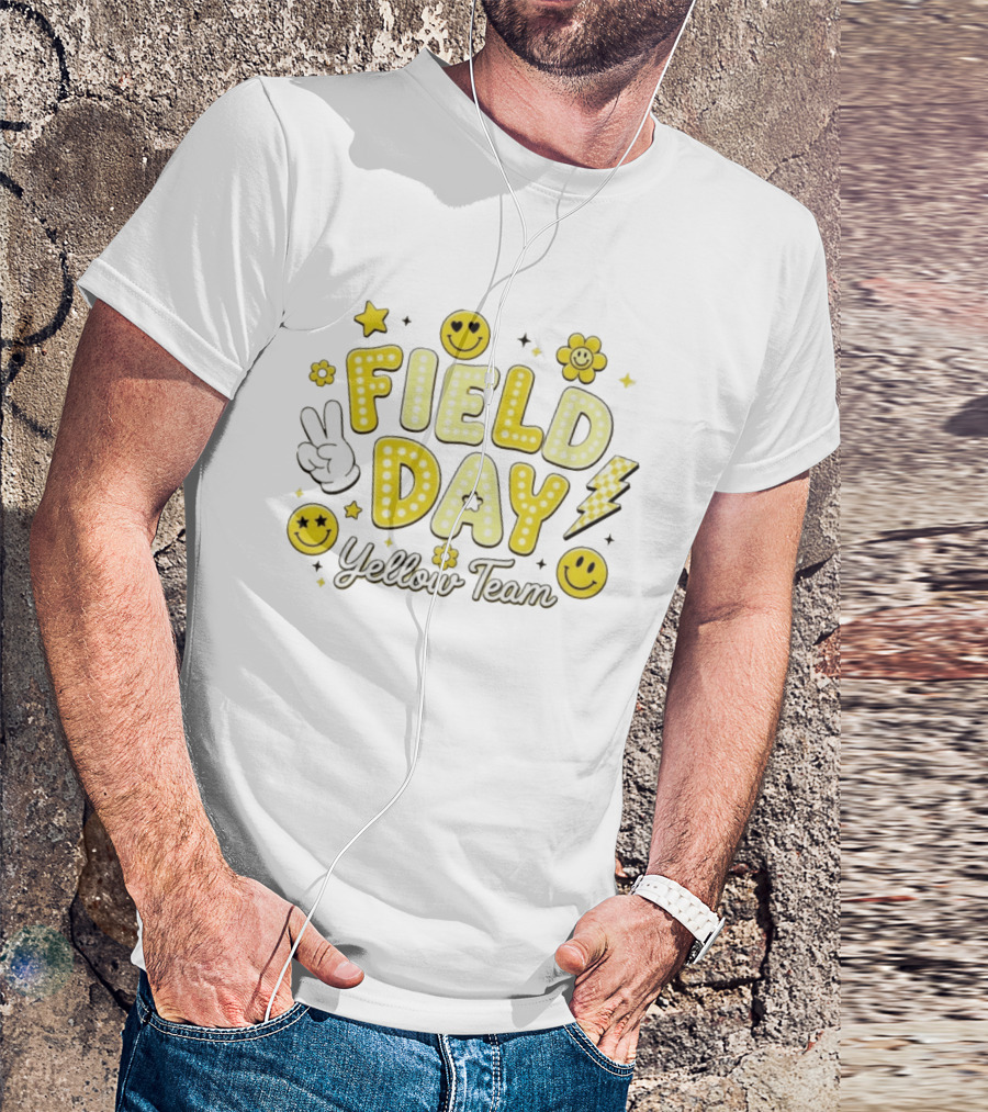 Field Day Yellow Team Smiley Faces Peace Sign Stars And Lightning Bolt T-Shirt