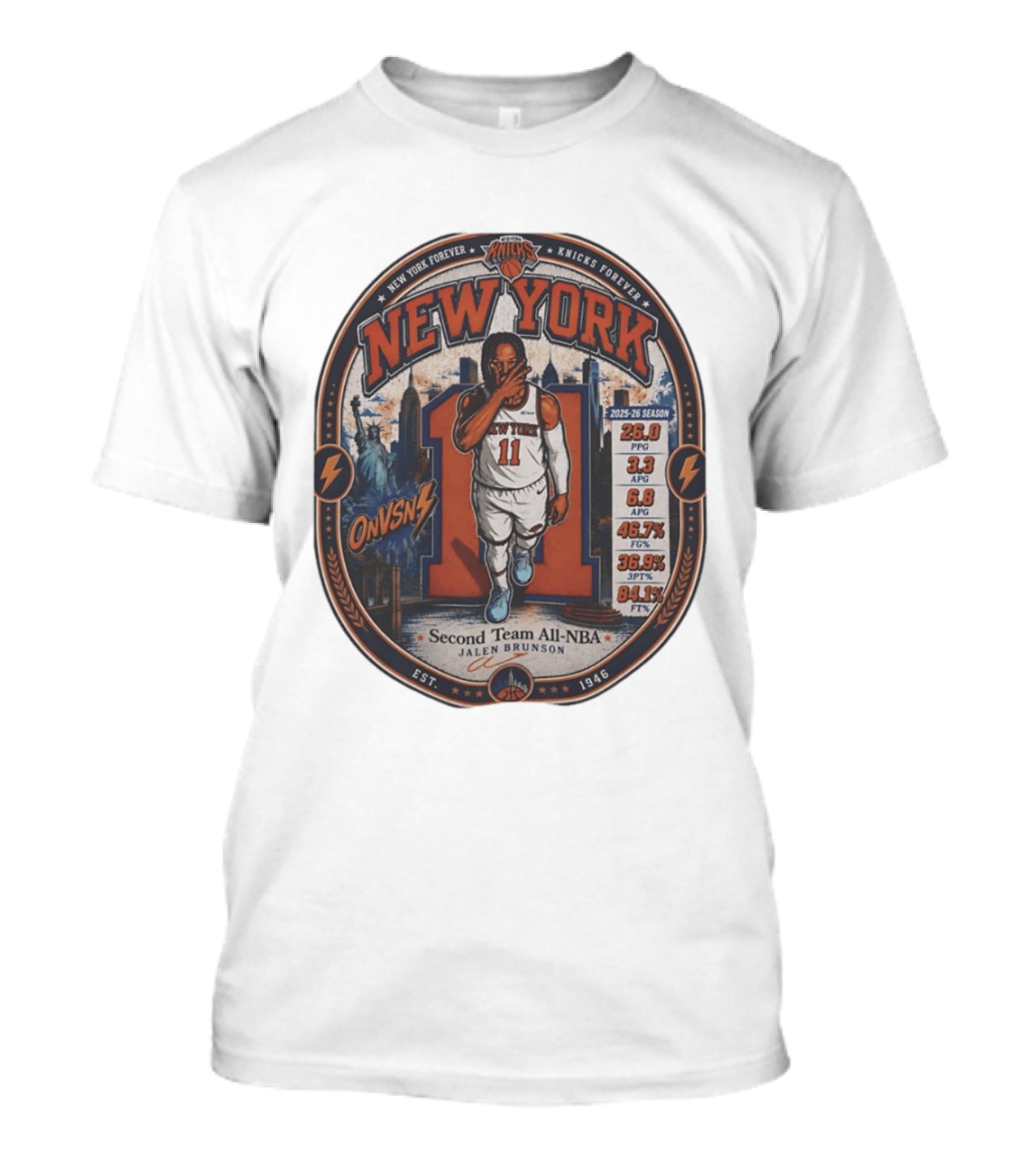 Jalen Brunson New York 11 Knicks Forever Second Team All NBA 2025 26 Season Stats T-Shirt