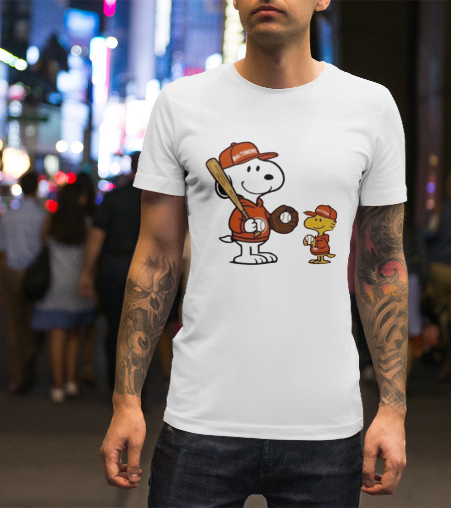 Snoopy Woodstock Baseball Baltimore Orioles Fan Gear T-Shirt