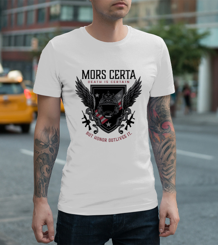 Mors Certa Death Is Certain But Honor Outlives It Winged Helmet Warrior's Legacy T-Shirt