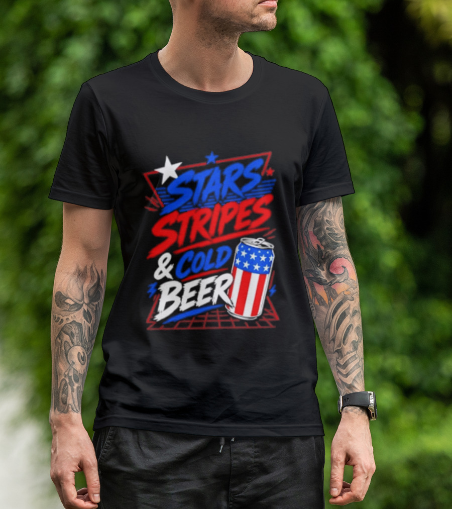 Stars Stripes And Cold Beer American Flag Can Patriotic Celebration T-Shirt