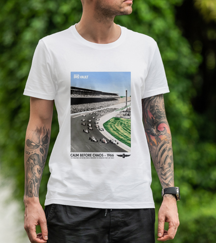 From The IMS Vault Calm Before Chaos 1966 Indianapolis Motor Speedway Racing Scene T-Shirt