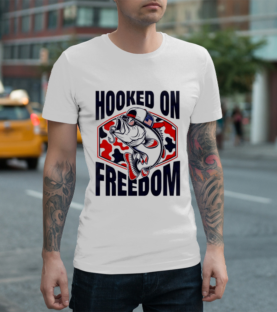 Hooked On Freedom Patriotic Fish Camo Hat T-Shirt