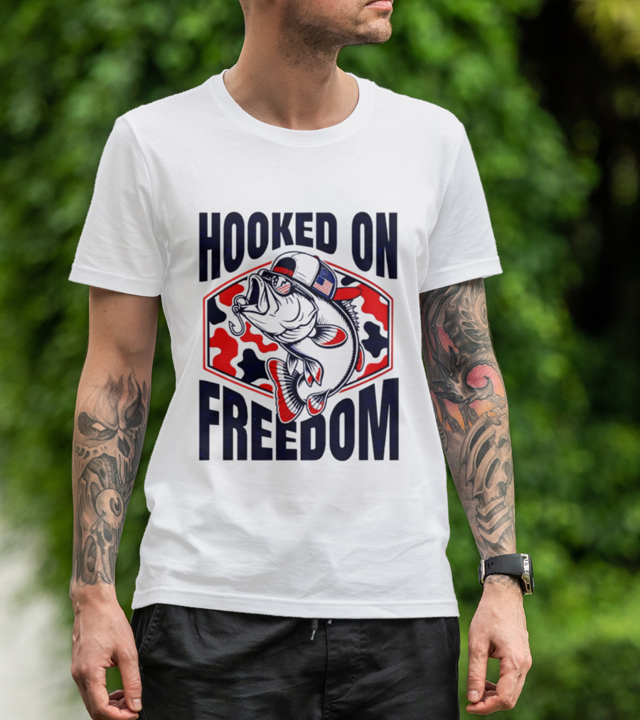 Hooked On Freedom Patriotic Fish Camo Hat T-Shirt