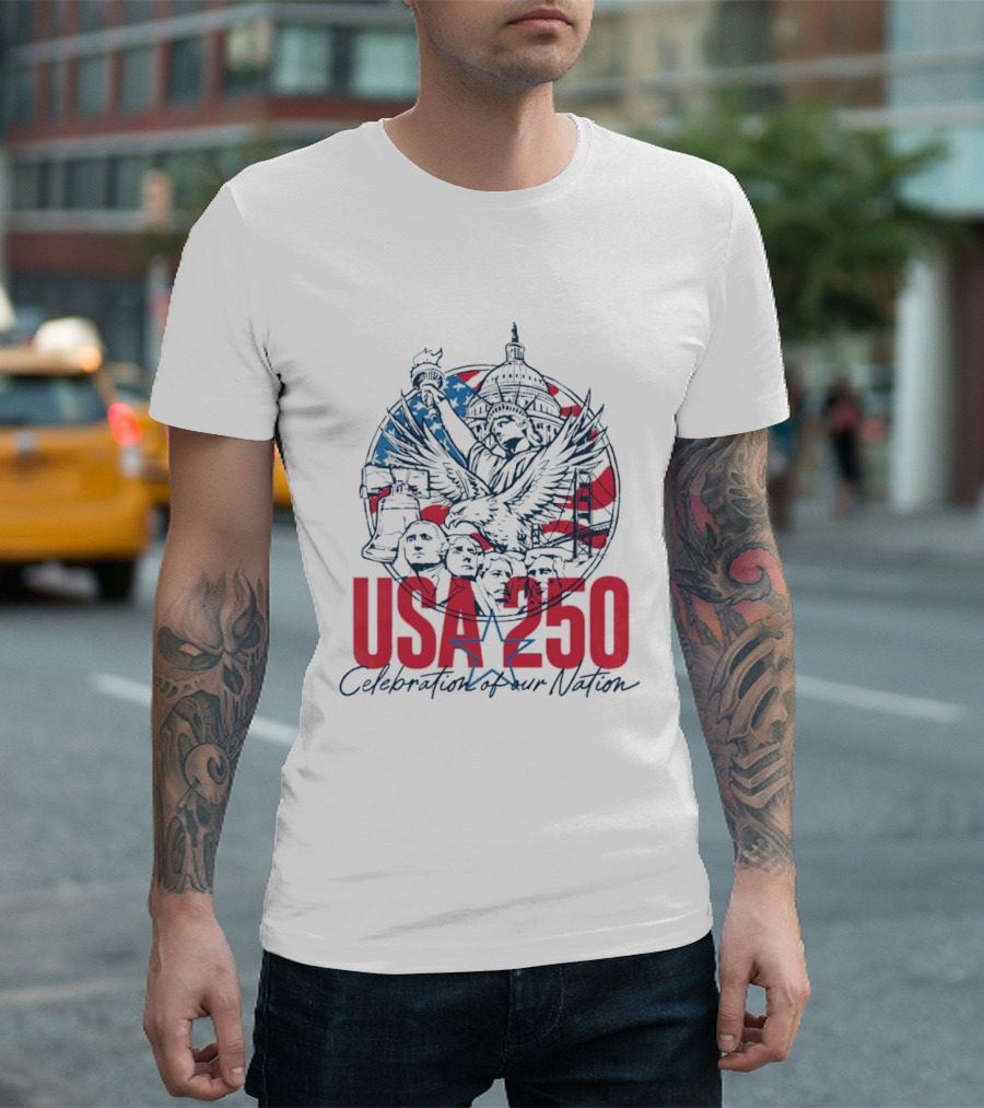 USA 250 Celebration Of Our Nation Symbols Liberty Capitol Eagle Mount Rushmore T-Shirt