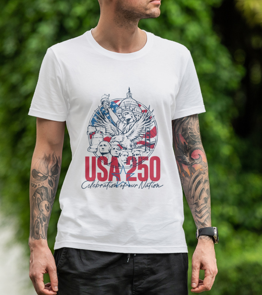USA 250 Celebration Of Our Nation Symbols Liberty Capitol Eagle Mount Rushmore T-Shirt