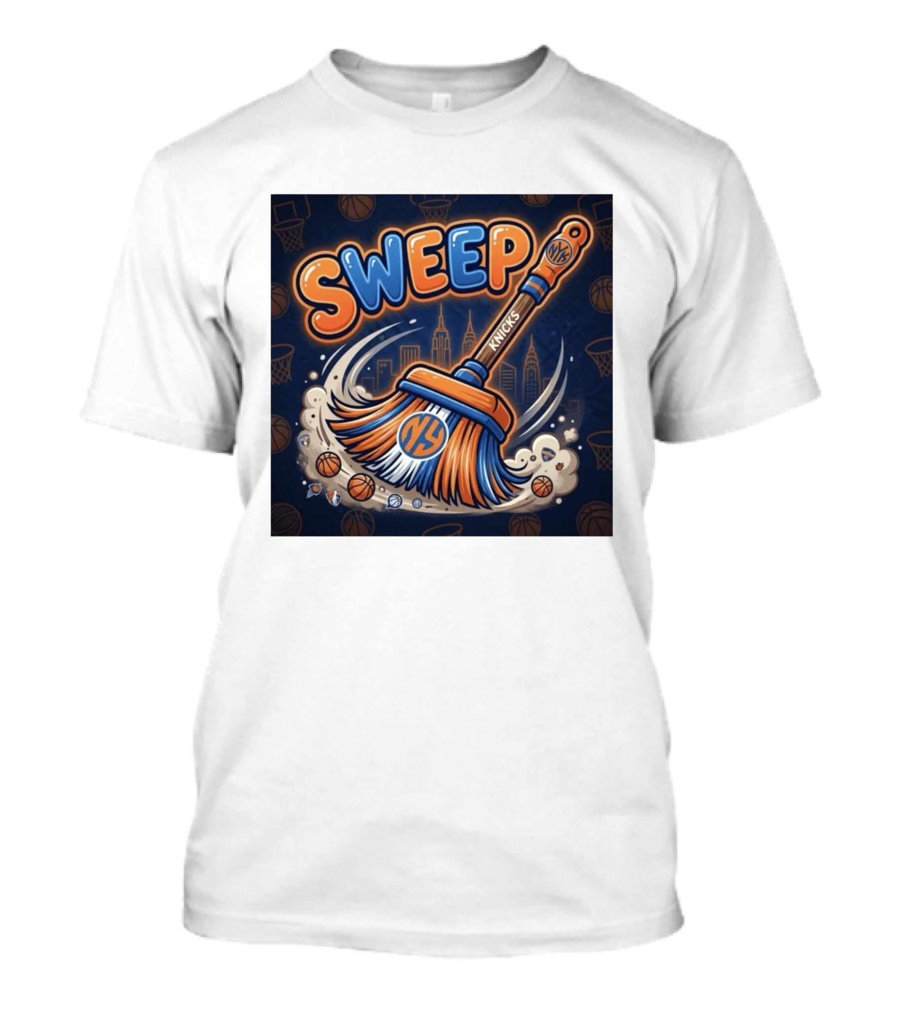 New York Knicks Sweep East Champs Basketball Skyline Broom T-Shirt