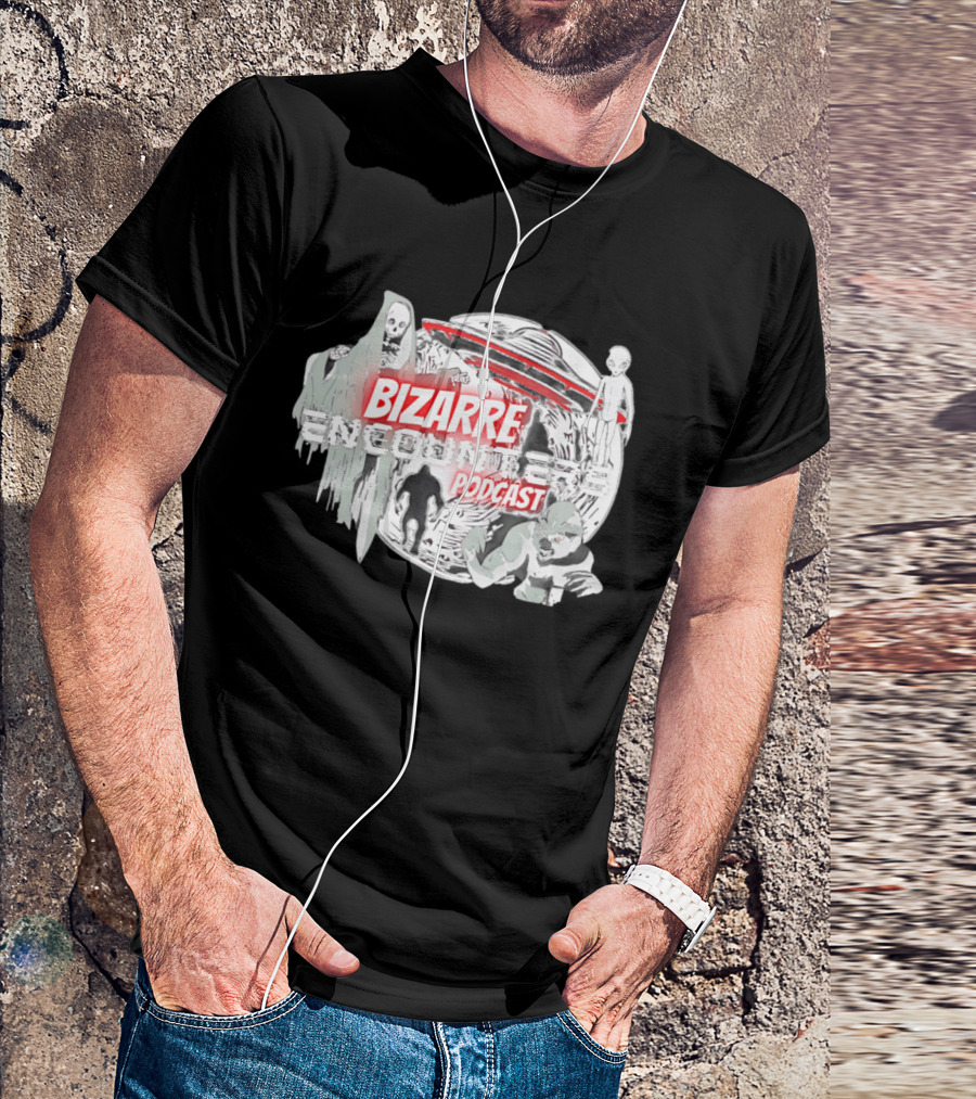 Bizarre Encounters Podcast UFO Aliens Skeletons Paranormal Illustrations T-Shirt