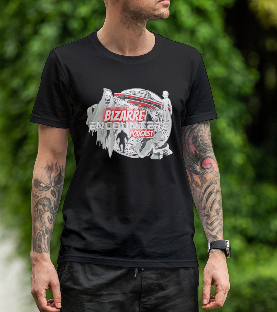 Bizarre Encounters Podcast UFO Aliens Skeletons Paranormal Illustrations T-Shirt