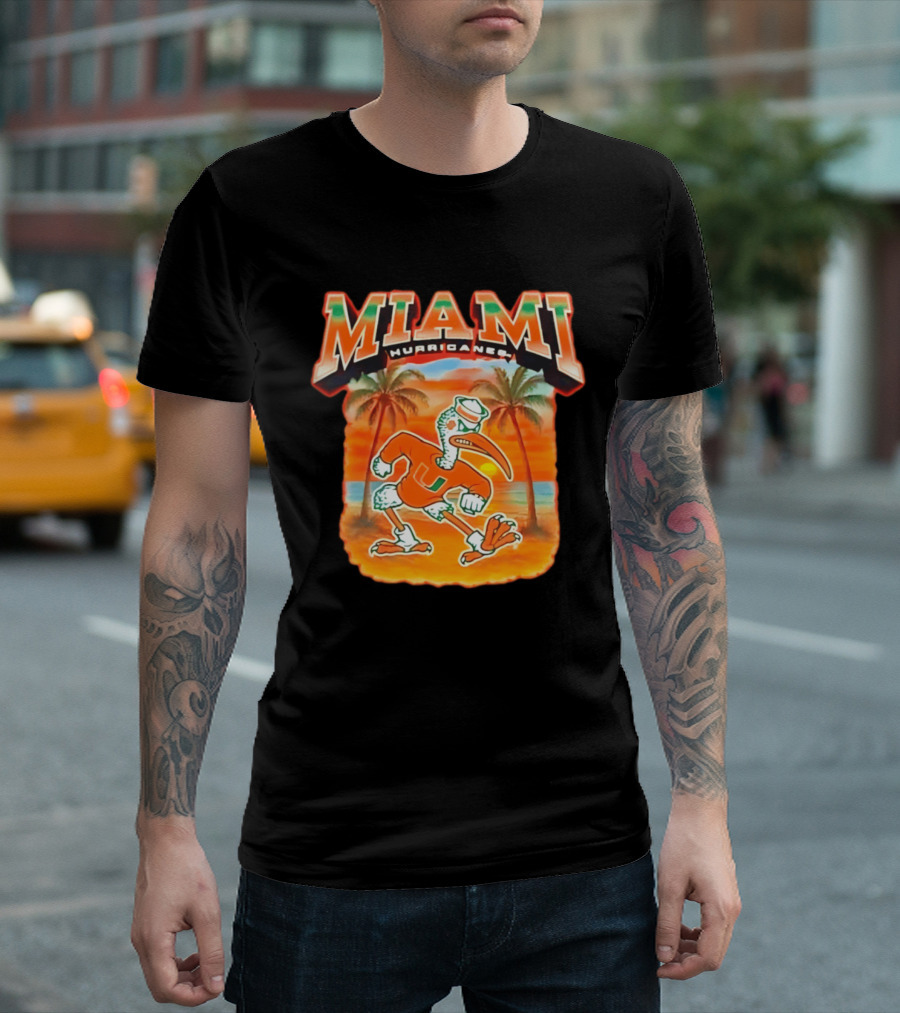 Miami Hurricanes Sebastian With Palm Trees And Sunset Beach Scene T-Shirt