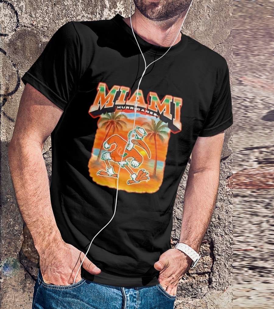 Miami Hurricanes Sebastian With Palm Trees And Sunset Beach Scene T-Shirt