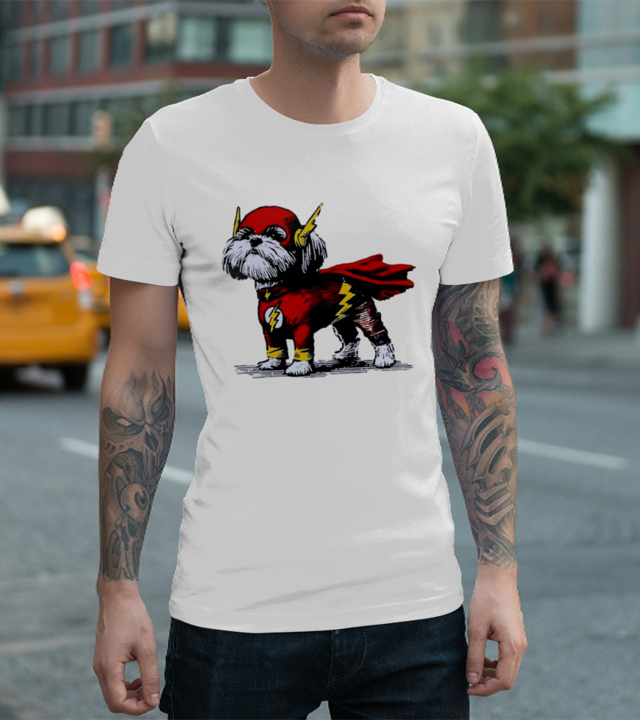 Shih Tzu Dog In The Flash Superhero Costume With Lightning Bolt T-Shirt
