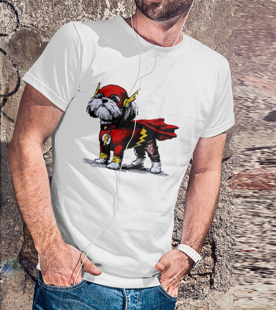 Shih Tzu Dog In The Flash Superhero Costume With Lightning Bolt T-Shirt